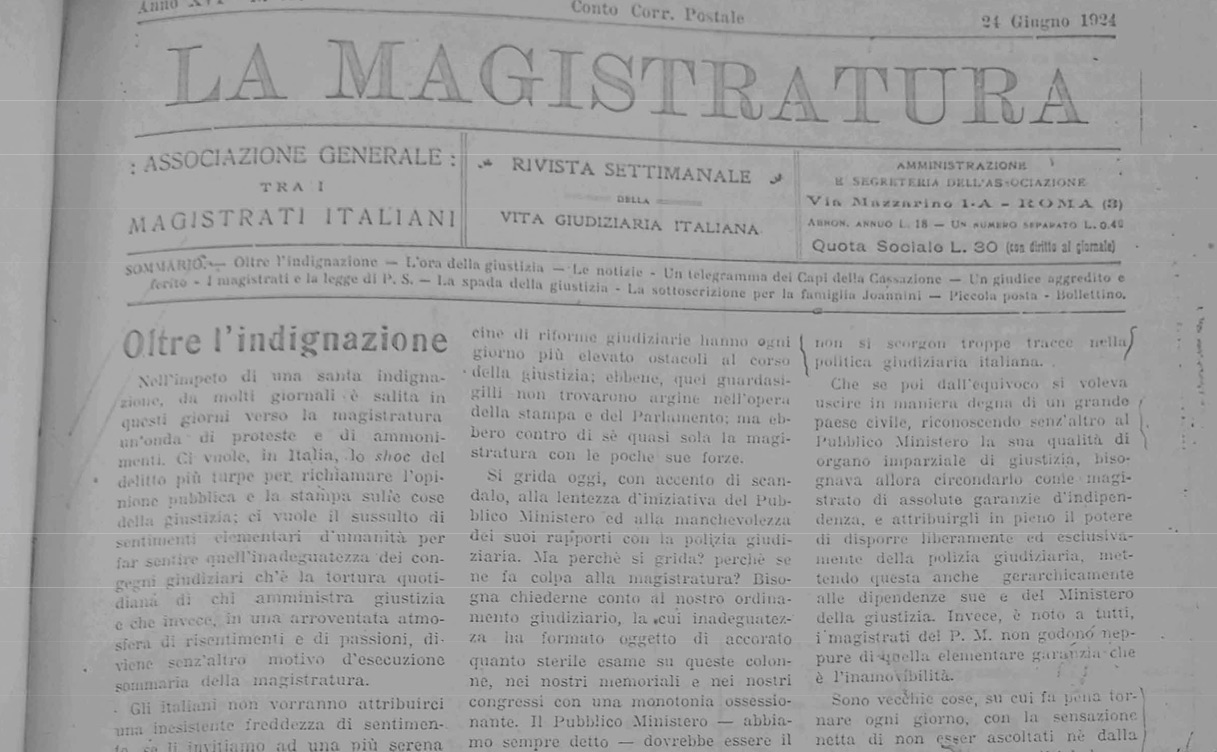 ​Indipendenza dei giudici e riforme della giustizia ai tempi dell’omicidio Matteotti. Uno sguardo alle pagine di cento anni fa della Rivista “La Magistratura”