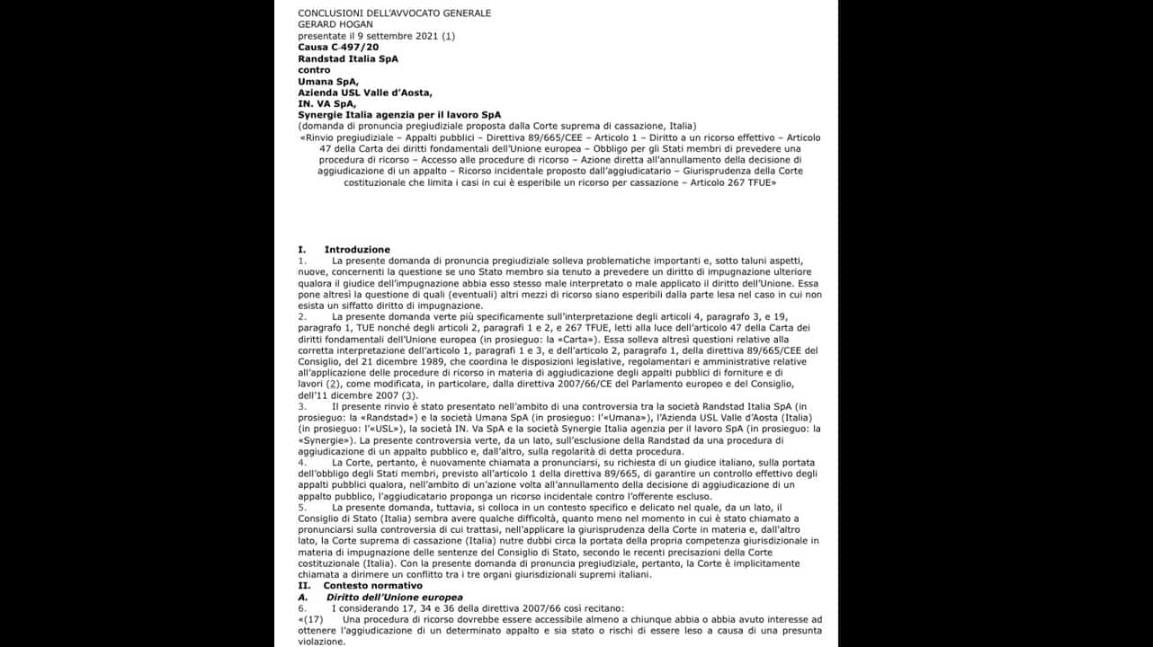 Le conclusioni dell’Avvocato Generale sulle questioni pregiudiziali poste dall’ordinanza delle Sezioni Unite della Cassazione n. 19598 del 2020: il Consiglio di Stato nega la tutela comunitaria sugli appalti, ma la decisione non è sindacabile in Cassazion